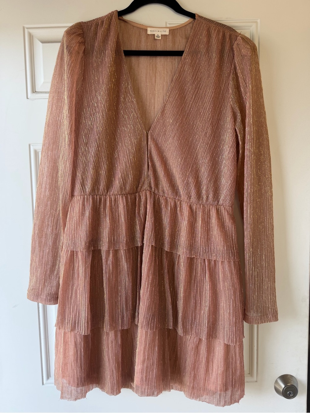 Socialite Rose Gold Metallic Tiered Long Sleeve Dress